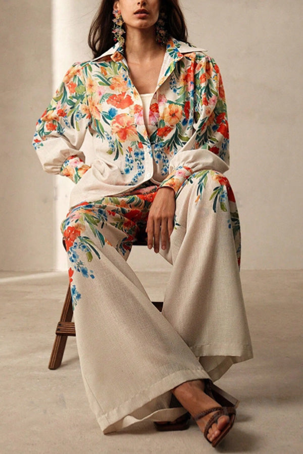 Floral Print Lapel Long Sleeve Shirt and Elastic Waist Pocket Casual Wide Leg Pants Set