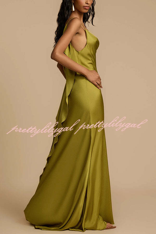 Evening Date Satin Cowl Neck Drape Ruffle Backless Bias Cut Party Maxi Dress