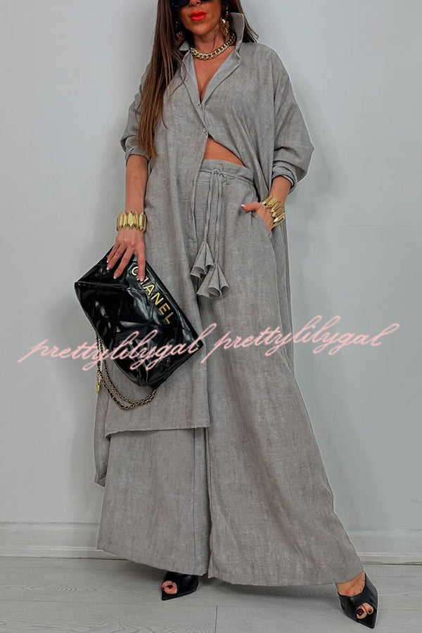 Solid Color Casual Loose Long Shirt and Elastic Waist Pocket Wide Leg Pants Set