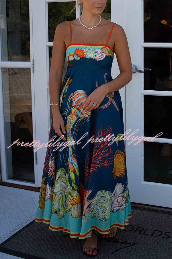 Linen Blend Unique Print Suspenders Back Pleated Pocket Resort Style Maxi Dress