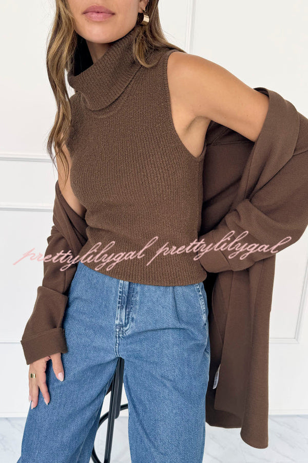 Comfortable Season Ribbed Knit Turtleneck Sleeveless Relaxed Sweater