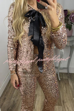 Holiday Cheer Sequin Tie-front Satin Bow Long Sleeve Jacket