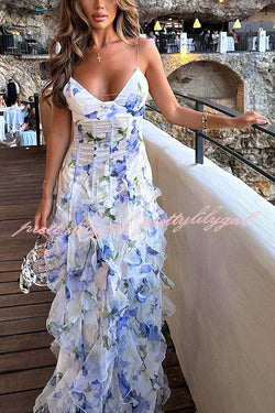 Sunrise Goddess Chiffon Roses Print Ruffles Tiered Trim Maxi Dress