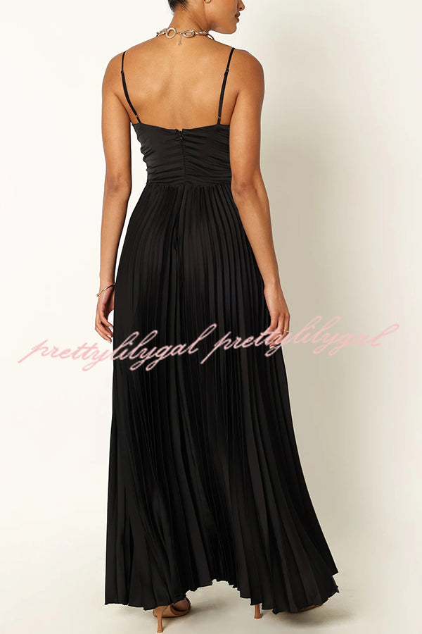 Catch The Light Satin Pleated V-neck Slip Maxi Dress