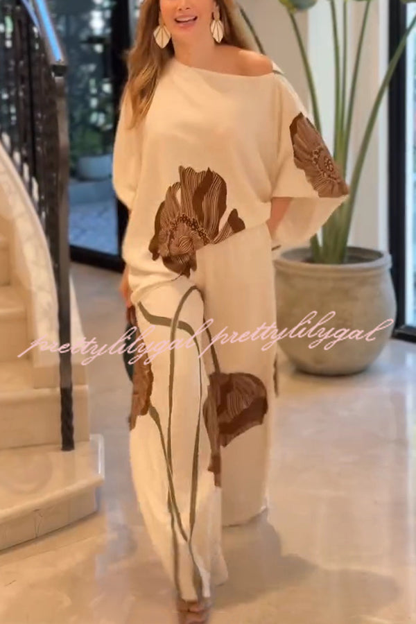 Floral Print Batwing Sleeves Loose-fitting Top and Relaxed Pocket Straight Pants Set