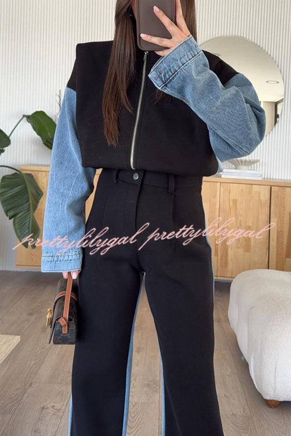 Sports Fashion Denim Patchwork Sweatshirt Fabric Zipper Long Sleeve Loose Jacket