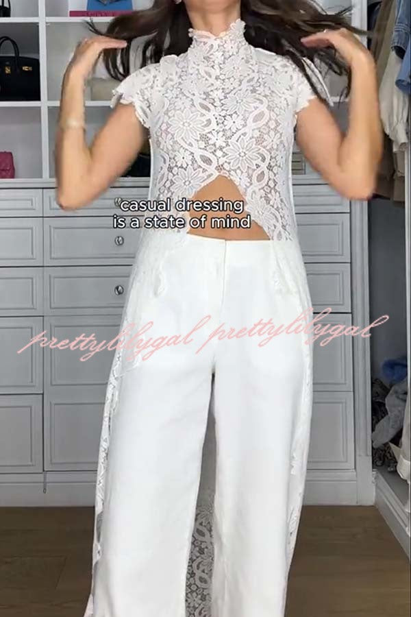 Elegant Personality Floral Lace Short Sleeve Front Slit Maxi Top