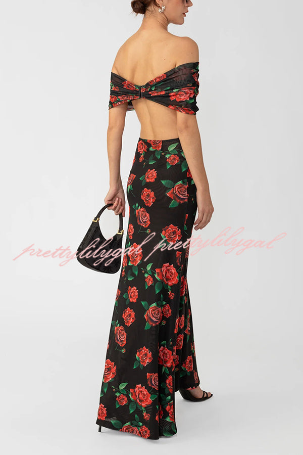 Rose Print Sexy Strapless Backless Slim Maxi Dress