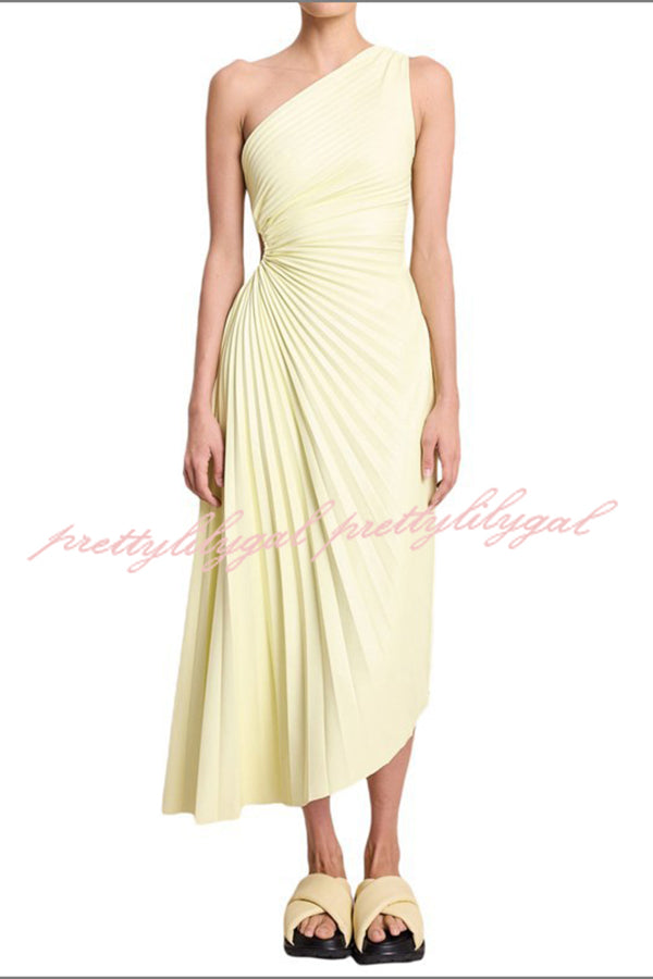 Glam Vibes Satin One Shoulder Side Cutout Pleated Maxi Dress