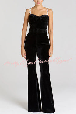 Eliza Luxurious Velvet Fabric Jewel-embellished Shoulder Straps Belted Flare Jumpsuit