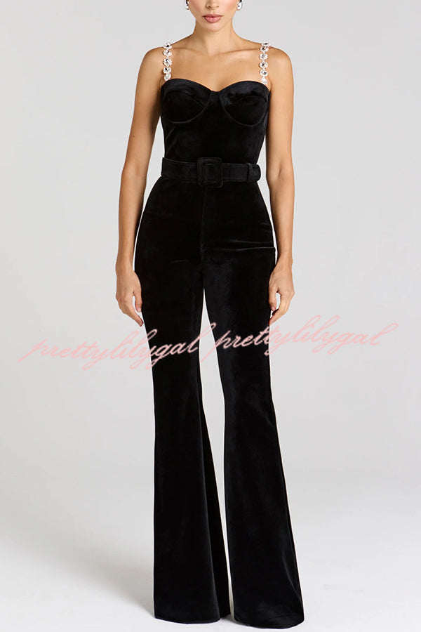 Eliza Luxurious Velvet Fabric Jewel-embellished Shoulder Straps Belted Flare Jumpsuit