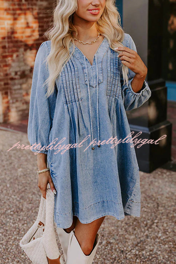 Fate Would Have It Denim Playful Pleats Pocket A-line Mini Dress