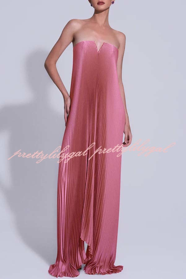 Darling Moment Satin Fabric Off Shoulder V-neck Asymmetric Hem A-line Maxi Dress