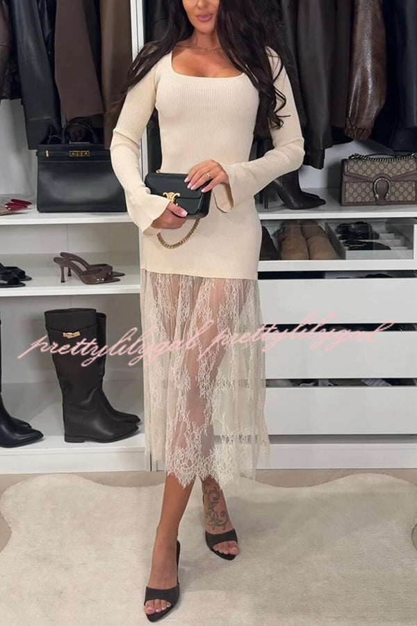 Ellie Ribbed Knit Square Neck Long Sleeve Lace Patchwork Hem Midi Dress