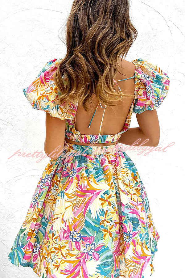 How Sweet Floral Puff Sleeve Cutout Elastic Waist Mini Dress