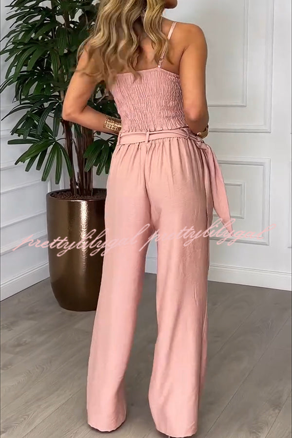 Kathy Linen Blend Cross Halter Smocked Top and Elastic Waist Wrap Tie-up Pants Set