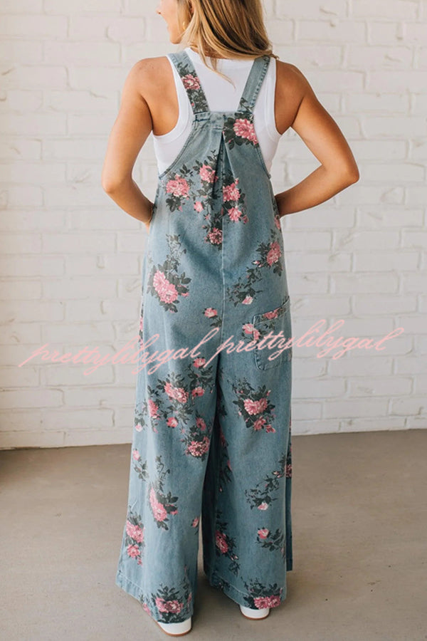 Fashion Floral Print Casual Button Pocket Loose Denim Overalls