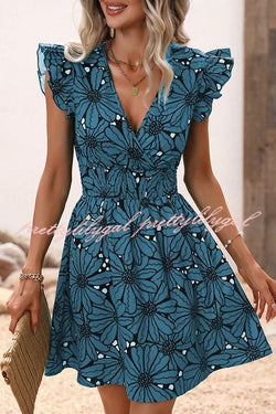 Wonderful Weekend Floral Print Ruffle Sleeve Elastic Waist Mini Dress