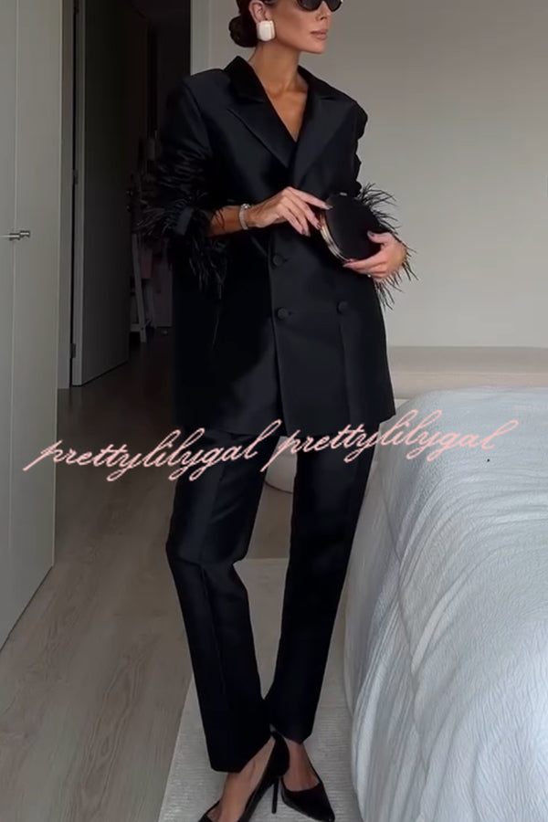 Chic Affair Satin Feather Trim Lapel Loose Blazer and High Rise Pocket Tapered Pants Set