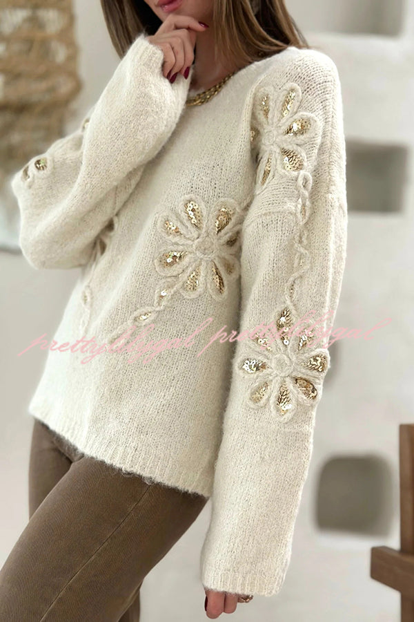 Fashionable Sequined Floral Loose Long-sleeved Knit Sweater