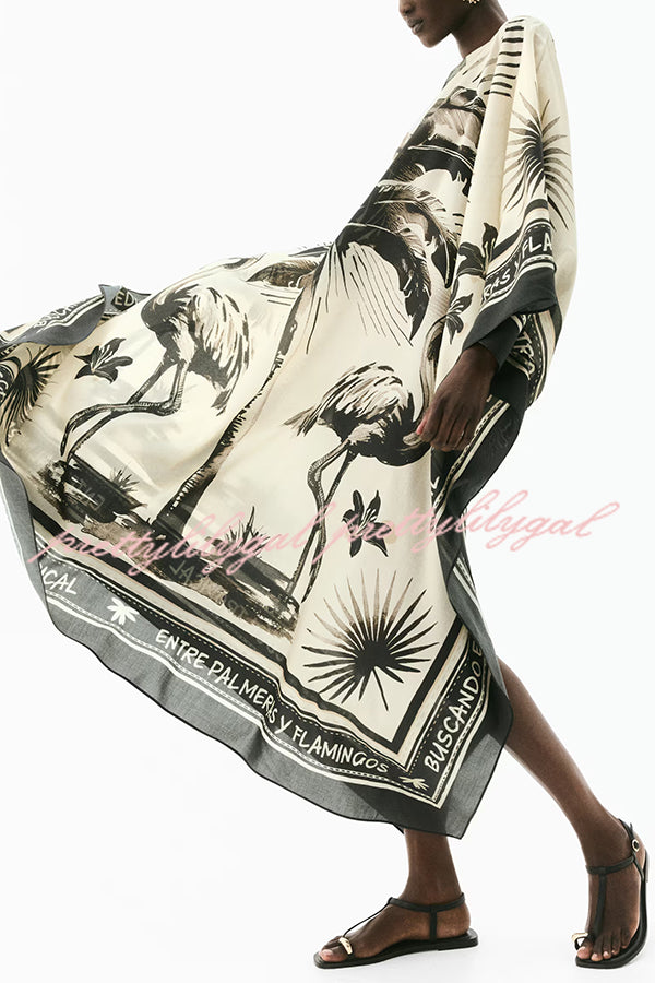 Flora Flamingo Print V-neck Loose Holiday Maxi Dress