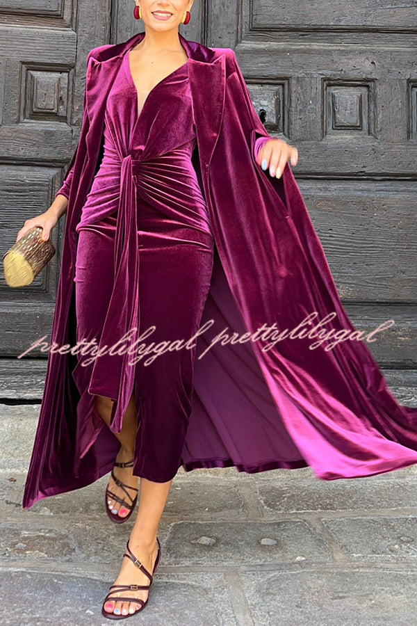 Olivienne Luxurious Velvet Padded Shoulders Slit Sleeve Lapel Midi Cape