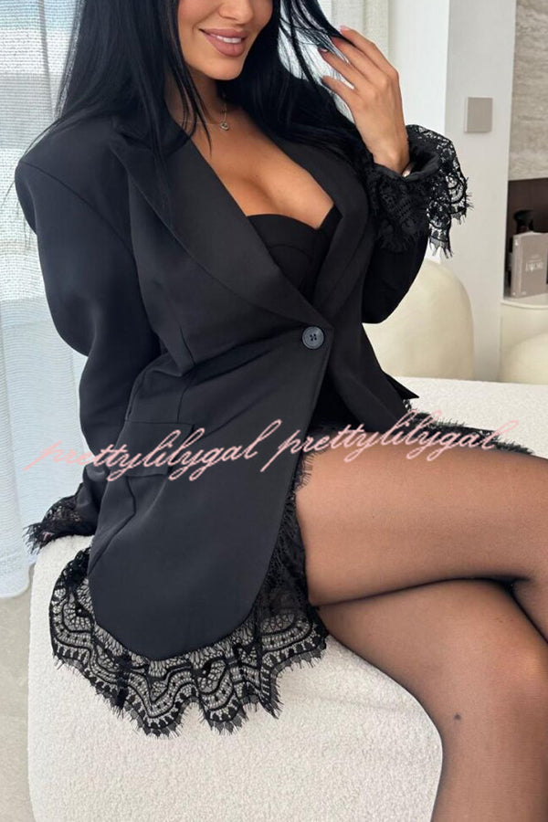 Amazing Items Lace Trim Button Up Long Sleeve Lapel Loose Blazer