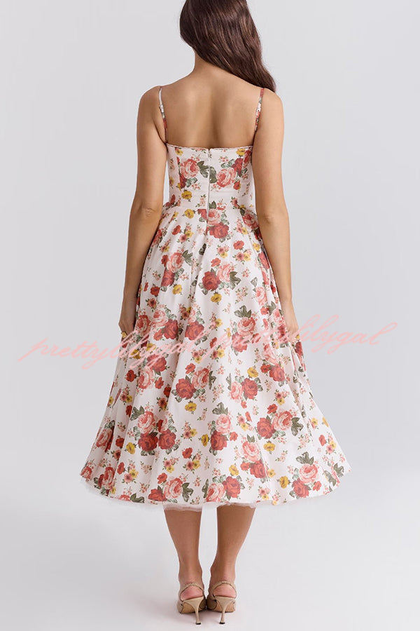 Fairy Tale Gorgeous Italian Rose Print Tulle Pocketed Slip Midi Dress