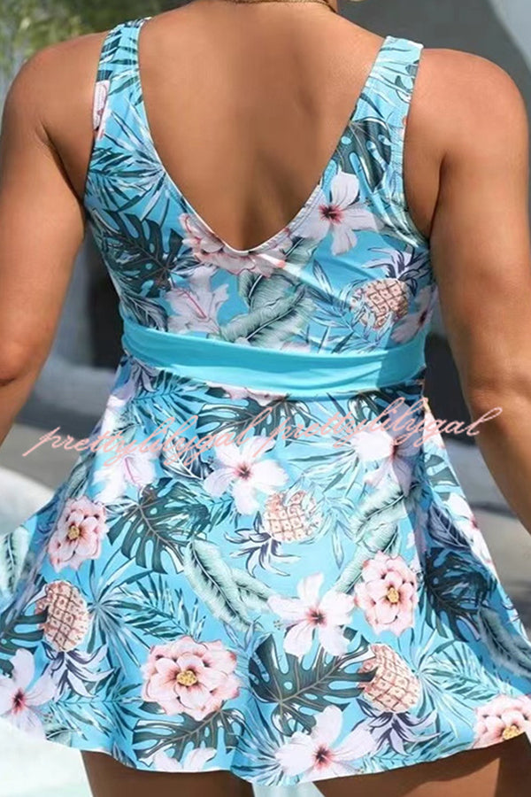 Cheerful Floral Print Bow Detail Tankini Swimsuit Set