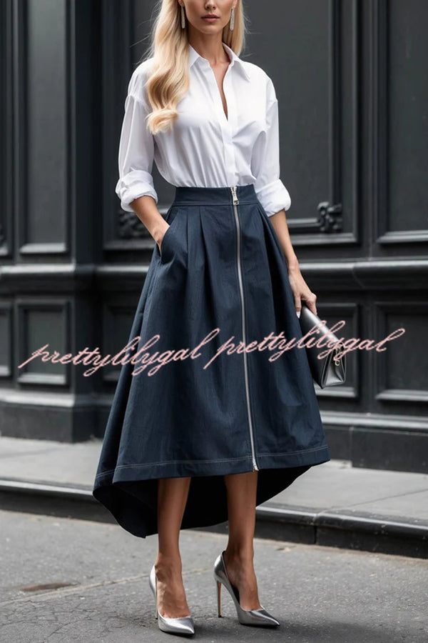 Effortless Charm Front Zipper Detail Pocketed High Low Pleated Midi Skirt