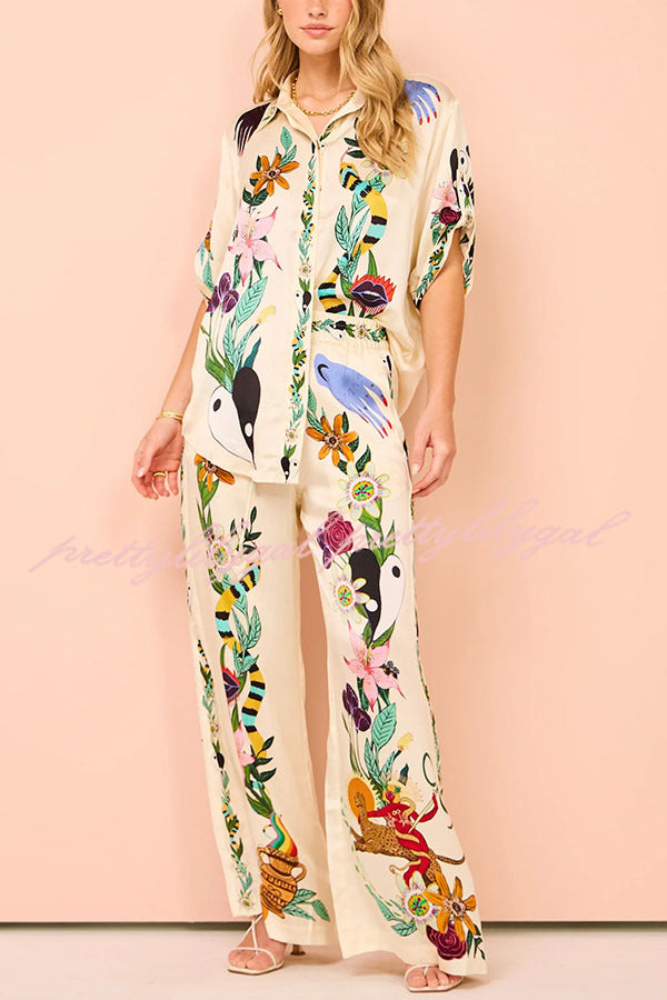 Claire Satin Unique Print Elastic Waist Pocketed Wide Leg Pants