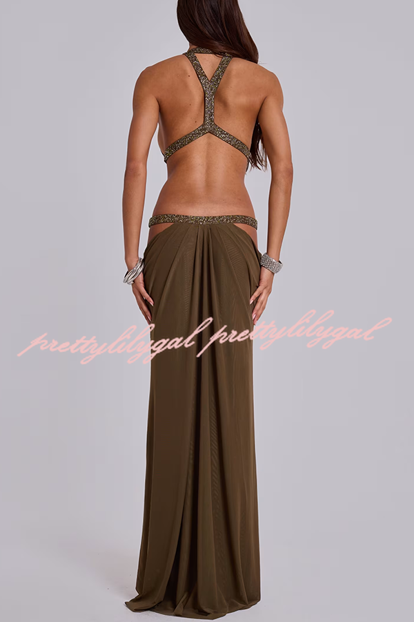 Khaki Hot-fix Rhinestone Shoulder Strap Cutout Design Backless Drape Maxi Dress