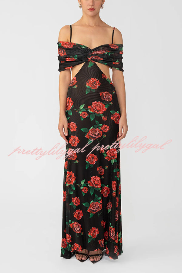 Rose Print Sexy Strapless Backless Slim Maxi Dress