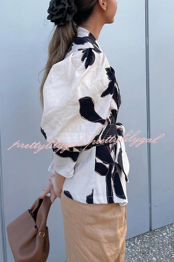 Sunny Sangria Unique Printed Puff Sleeve Waist Tie Lapel Jacket