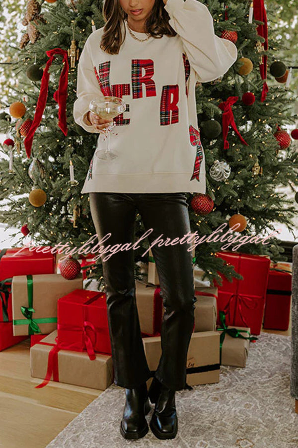 Merry Plaid Embroidered Bow Long-Sleeve Loose Sweatshirt