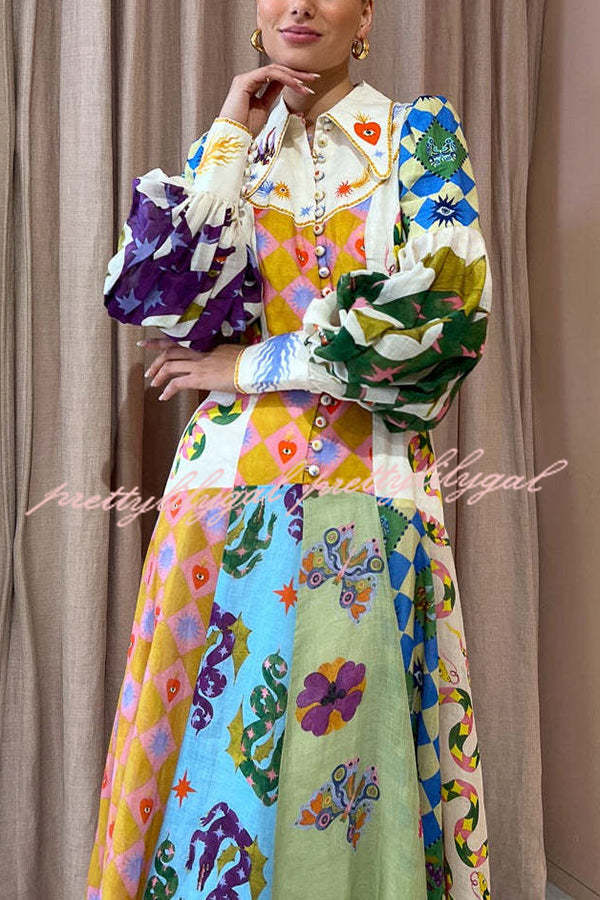 Bold and Chic Irregular Unique Print Balloon Sleeve Belt Shirt Midi Dress