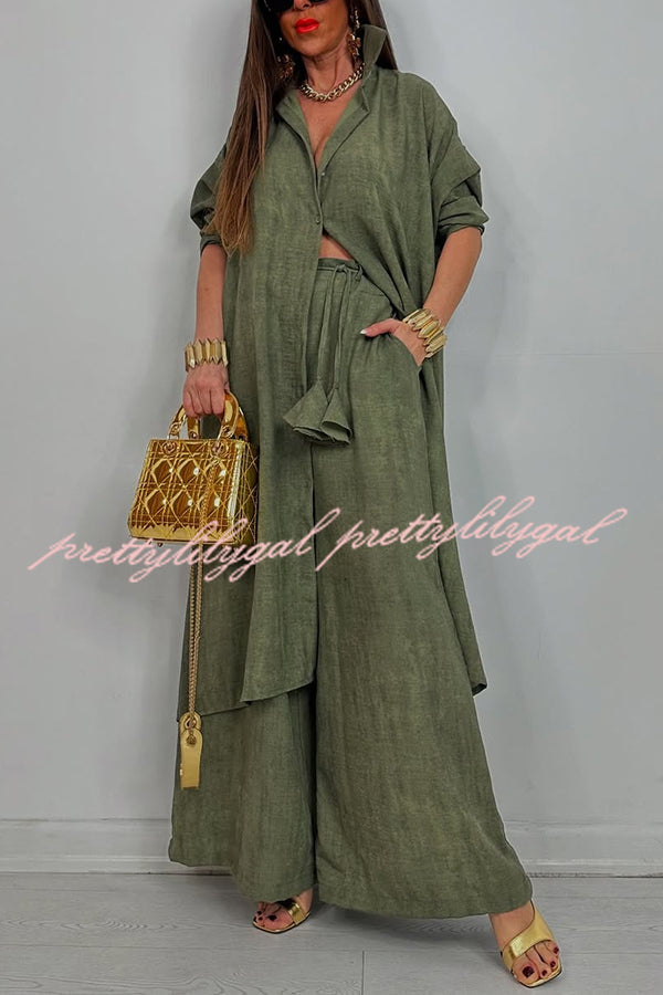 Solid Color Casual Loose Long Shirt and Elastic Waist Pocket Wide Leg Pants Set