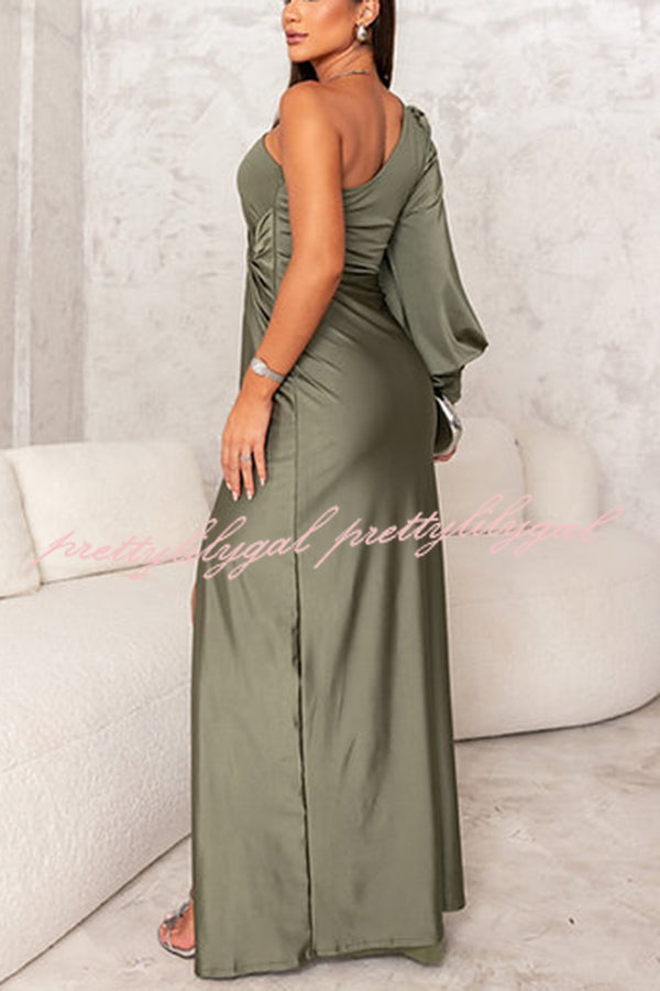 Country Party Charm Satin One Shoulder Twist Detail Slit Maxi Dress