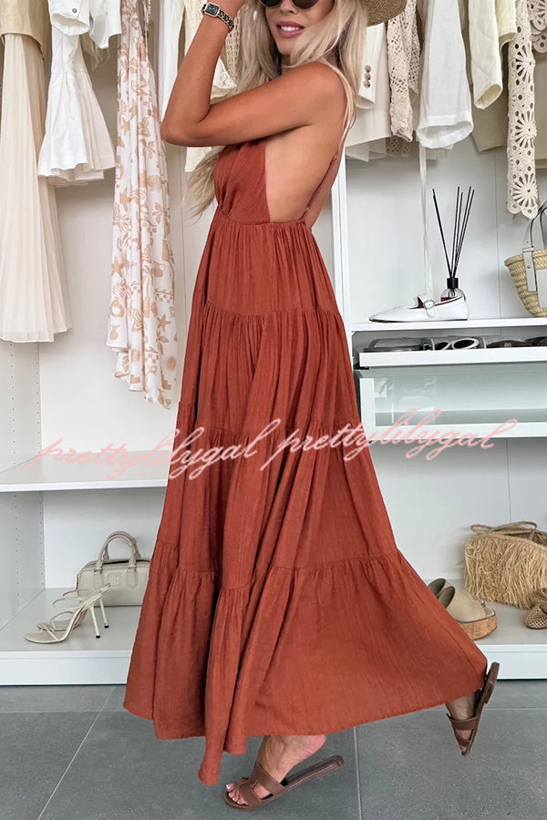 Bohemian Style V-neck Backless Slip Layered Vacation Maxi Dress