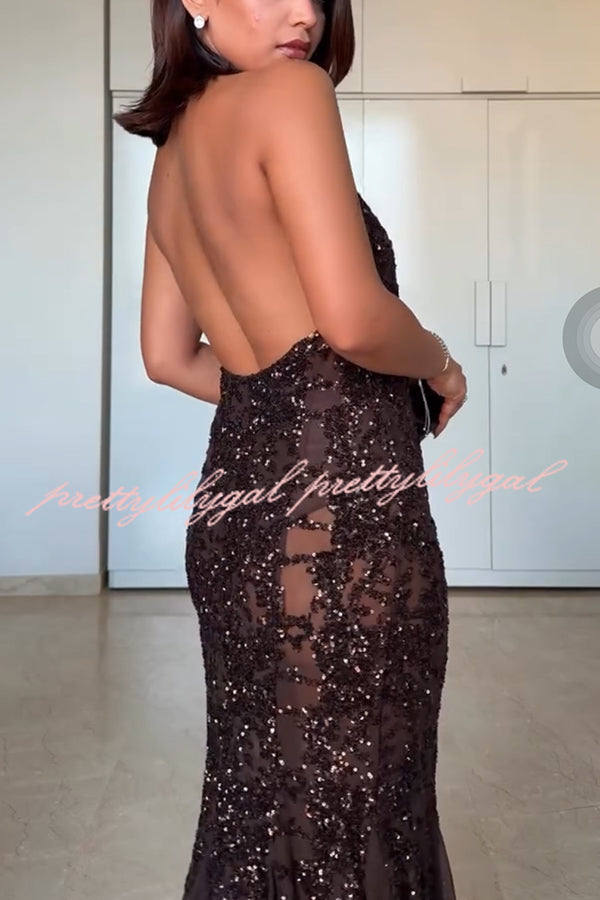 Twilight Gleam Sequin Textured Tulle Hem Halter Backless Maxi Dress