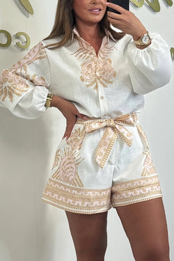 Linen Blend Unique Print Puff Sleeve Shirt and Waist Tie Loose Shorts Set