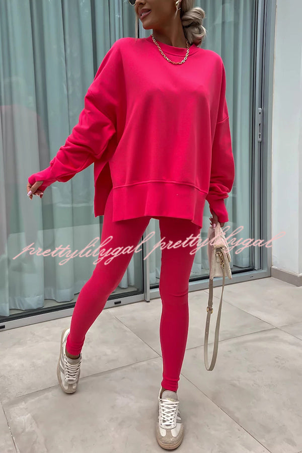 Solid Color Loose Long Sleeve SlitSweatshirt and Elastic Waist Tight Pants Set