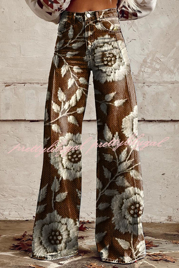 Casual Floral Print Button Pocket Wide Leg Pants