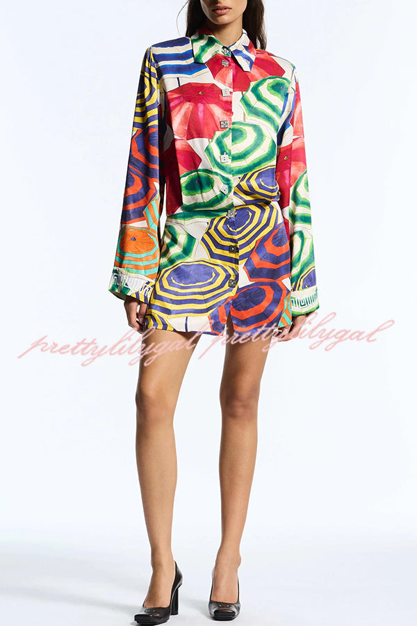 Elouise Satin Color Block Art Print Long Sleeve Button Back Elastic Waist H-line Mini Dress