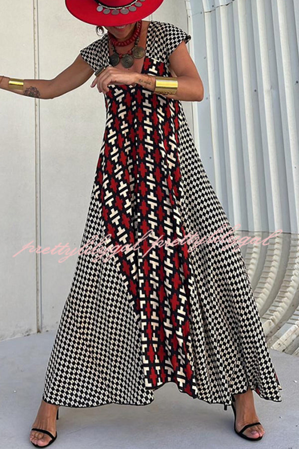 Fresh Breeze Ethnic Unique Print Ruffle Sleeve A-line Maxi Dress