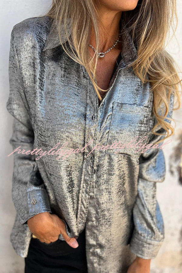 First and Fabulous Metallic Fabric Button Up Long Sleeve Loose Blouse