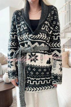 Winter Snowflake Waist Tie Lapel Midi Pocket Knit Cardigan