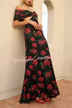 Rose Print Sexy Strapless Backless Slim Maxi Dress