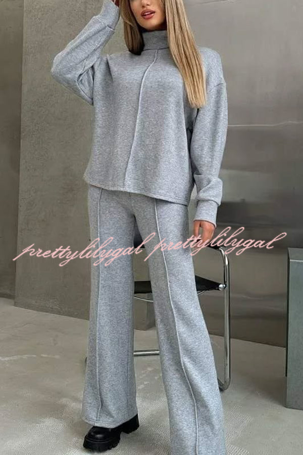 Solid Color Casual Knitted High Neck Long Sleeve Top and Elastic Waist Loose Pants Set