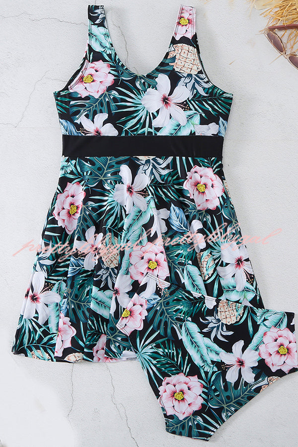 Cheerful Floral Print Bow Detail Tankini Swimsuit Set